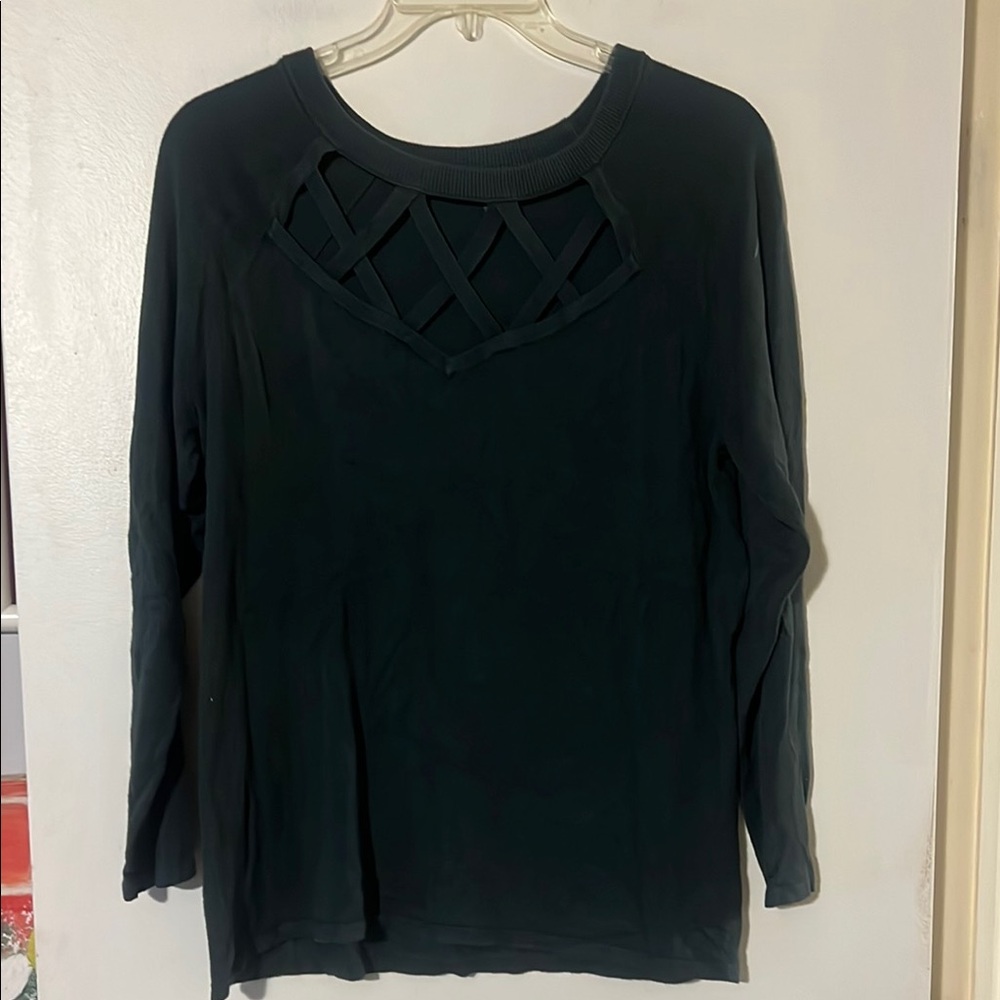 Torrid hunter green round neck sweater with crisscross cutout